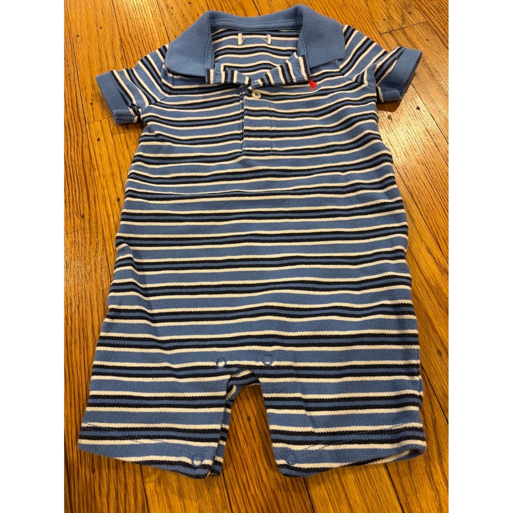 Polo Ralph Lauren Baby Boy Blue Striped Short Sleeve Romper Pony Logo 6M-9M